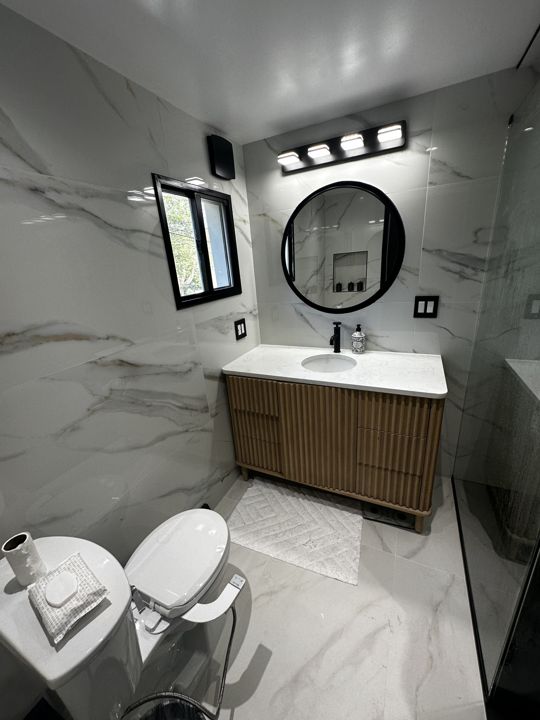 Completed bathroom from the doorway.